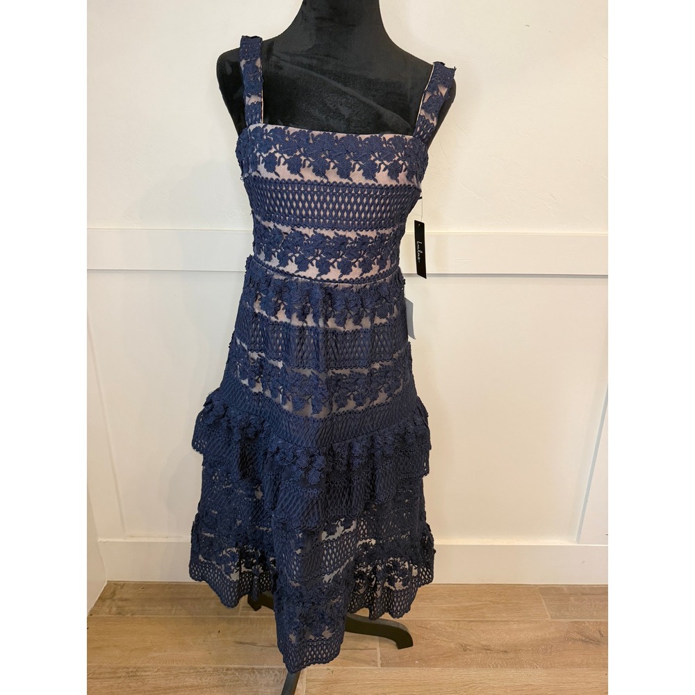 Lulus Remarkable Navy Blue Lace Tiered Midi Dress Square Neck NWT Small - Picture 2 of 8
